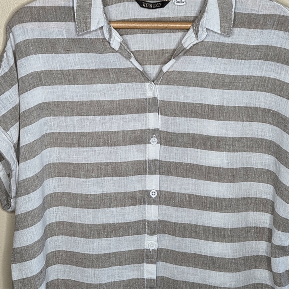 Peyton Jensen | Beige & White Striped Button Front Cuffed Short Sleeve Shirt - Picture 2 of 5